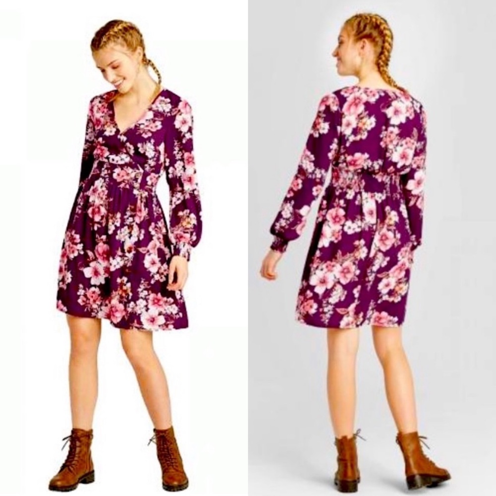 Xhilaration | Long Sleeve V-Neck Maroon/Wine Floral Print Dress w/Pockets NWT!